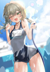 Rule 34 | 1girl, :d, absurdres, alternate costume, blurry, blurry background, blush, breasts, brown hair, collarbone, covered navel, cowboy shot, double-parted bangs, empty pool, gluteal fold, green eyes, hair between eyes, hands up, highres, holding, holding hose, honkai: star rail, honkai (series), hose, low twintails, nail polish, name tag, old school swimsuit, one eye closed, open mouth, photoshop (medium), pool, qingque (honkai: star rail), school swimsuit, small breasts, smile, solo, spraying, sunlight, swimsuit, twintails, warabi mochi (w4rabimochi), wet