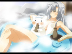Rule 34 | 1girl, alcohol, bath, blush, breasts, character request, closed eyes, grey hair, legs, letterboxed, long hair, medium breasts, nude, onsen, sake, shin&#039;ya (nanp), solo, steam, water, wet