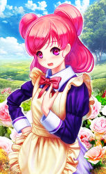 Rule 34 | 00s, 1girl, apron, blush, bow, bowtie, double bun, flower, hand on own hip, hand on own chest, long sleeves, mochisoldier, pink eyes, pink hair, precure, rose, short hair, smile, solo, yes! precure 5, yumehara nozomi
