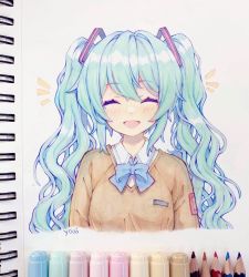 Rule 34 | 1girl, absurdres, anny (yoai), artist name, blue bow, blue bowtie, blush, bow, bowtie, breasts, brown cardigan, cardigan, closed eyes, collared shirt, colored pencil (medium), hair between eyes, hair ornament, hatsune miku, highres, long hair, long sleeves, marker, marker (medium), medium breasts, open mouth, pencil, shirt, sidelocks, sketchbook, smile, solo, traditional media, twintails, upper body, vocaloid, wavy hair, white background, white shirt