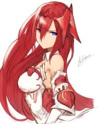 Rule 34 | 1girl, armor, bad id, bad pixiv id, bare shoulders, blue eyes, breasts, commentary request, detached collar, elbow gloves, from side, gloves, godsworn alexiel, granblue fantasy, hair between eyes, hair ornament, headgear, highres, koretsuki azuma, long hair, looking at viewer, medium breasts, red hair, signature, simple background, sketch, solo, very long hair, white background, white gloves