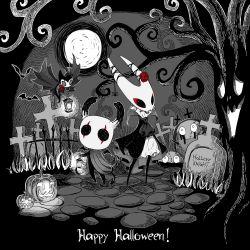 Rule 34 | 1boy, 1girl, 1other, arizuka (catacombe), bare tree, bat (animal), brooch, cloak, commentary, copyright name, ascot, english commentary, english text, eyeliner, flower, full body, full moon, graveyard, greyscale, grimmchild, halloween, hat, highres, holding, holding lantern, hollow eyes, hollow knight, hornet (hollow knight), horns, jack-o&#039;-lantern, jewelry, knight (hollow knight), lantern, looking at viewer, makeup, monochrome, moon, outdoors, rose, spot color, standing, tombstone, top hat, tree, wings