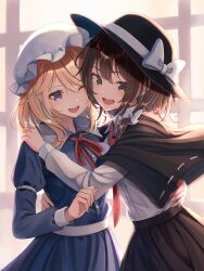 Rule 34 | 2girls, black capelet, blonde hair, bow, brown eyes, brown hair, capelet, commentary, dress, fedora, fumei (mugendai), hair bow, hat, hat bow, highres, hug, long hair, long sleeves, maribel hearn, mob cap, multiple girls, neck ribbon, necktie, one eye closed, open mouth, purple dress, purple eyes, red necktie, red ribbon, ribbon, ribbon-trimmed capelet, shirt, skirt, smile, touhou, usami renko, white bow, white shirt