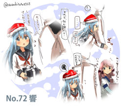 Rule 34 | ..., 10s, 1boy, 2girls, ?, ^^^, admiral (kancolle), akashi (kancolle), anchor symbol, arrow (symbol), blue eyes, blue hair, box, character name, chestnut mouth, christmas, closed mouth, epaulettes, eyebrows, flying sweatdrops, gift, gift box, hair ribbon, hat, hibiki (kancolle), holding, holding gift, kantai collection, long hair, long sleeves, looking at another, military, military uniform, motion lines, multiple girls, naval uniform, neckerchief, pink hair, ribbon, santa hat, school uniform, serafuku, short sleeves, smile, speech bubble, spoken ellipsis, spoken question mark, spoken squiggle, squiggle, suzuki toto, thought bubble, translation request, tress ribbon, twitter username, uniform