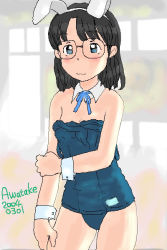 Rule 34 | 00s, 1girl, 2004, aliasing, animal ears, artist name, awatake takahiro, bare shoulders, blue eyes, blush, brown hair, collar, cuffs, dated, detached collar, fake animal ears, glasses, indoors, looking at viewer, old school swimsuit, one-piece swimsuit, playboy bunny swimsuit, rabbit ears, school swimsuit, short hair, smile, solo, swimsuit, undressing, wavy mouth, wrist cuffs