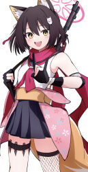 Rule 34 | 1girl, animal ears, black gloves, black skirt, blue archive, blush, brown hair, feet out of frame, fox ears, fox tail, gloves, hair between eyes, halo, highres, izuna (blue archive), kunai, looking at viewer, neckerchief, open mouth, partially fingerless gloves, pink halo, pleated skirt, red neckerchief, red scarf, scarf, short hair, simple background, skirt, smile, solo, tail, weapon, white background, yellow eyes, yun (kbdenz9)