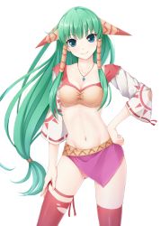 Rule 34 | 1girl, bad id, bad pixiv id, blue eyes, collarbone, dabadhi, feena (grandia), game arts, grandia, grandia i, green hair, hair tubes, hand on own hip, highres, jewelry, long hair, low-tied long hair, midriff, miniskirt, navel, necklace, red thighhighs, sidelocks, skirt, smile, solo, strapless, thighhighs, torn clothes, torn thighhighs, tube top, white background