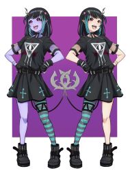 Rule 34 | 2girls, absurdres, belt, black belt, black dress, black footwear, black gloves, black hair, black sclera, blue hair, blue pantyhose, blush, boots, breasts, clone, colored sclera, colored skin, commentary request, demon girl, demon horns, demon tail, dress, eye hair ornament, eye of providence, fingerless gloves, full body, gloves, grey pantyhose, hands on own hips, highres, horns, looking at viewer, medium hair, multicolored hair, multiple girls, nanashi inc., official alternate costume, open mouth, pantyhose, pointy ears, purple background, purple skin, red eyes, shishio chris, shishio chris (3rd costume), short sleeves, single leg pantyhose, small breasts, smile, standing, striped clothes, striped pantyhose, sugar lyric, tail, tengu nimuru, two-tone background, two-tone hair, virtual youtuber, white background