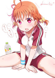 Rule 34 | 1girl, ahoge, alternate hairstyle, between legs, blush, bottle, bow, braid, collarbone, gym shorts, gym uniform, hair bow, hand between legs, heart, heart ahoge, heavy breathing, kitahara tomoe (kitahara koubou), looking at viewer, love live!, love live! sunshine!!, low twintails, open mouth, orange hair, raglan sleeves, red eyes, red shorts, short twintails, shorts, side braid, sitting, solo, spread legs, star (symbol), stretching, sweat, sweatband, takami chika, translation request, twintails, twitter username, water bottle, wristband, yellow bow