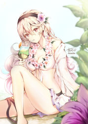 Rule 34 | 1girl, artist name, atoatto, bikini, black hairband, breasts, cleavage, corrin (female) (fire emblem), corrin (female) (summer) (fire emblem), corrin (fire emblem), cup, drinking, drinking glass, drinking straw, fire emblem, fire emblem fates, fire emblem heroes, flower, hair flower, hair ornament, hairband, holding, holding cup, long hair, nintendo, official alternate costume, red eyes, sitting, solo, swimsuit, white hair, wine glass, wreath