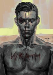 Rule 34 | 1boy, banonefans, bare shoulders, bleeding, blood, blood on face, bruise, bruised eye, character request, collarbone, cross, cuts, dated, english text, far cry, far cry 5, highres, injury, looking at viewer, male focus, nosebleed, ptsd, solo, torso