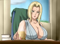 Rule 34 | 1girl, absurdres, armpit crease, blonde hair, breasts, coffee, deviantart, female focus, fingernails, hair ornament, highres, hokage, kaendd, large breasts, long hair, looking at viewer, mature female, naruto, naruto (series), naruto shippuuden, open mouth, sexually suggestive, sitting, solo, tattoo, tsunade (naruto), yellow eyes