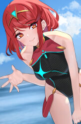 Rule 34 | 1girl, bare shoulders, black one-piece swimsuit, blue sky, breasts, chest jewel, collarbone, core crystal (xenoblade), covered collarbone, eyelashes, feet out of frame, hand up, highleg, highleg swimsuit, highres, kyaro (wanu 14), large breasts, leaning forward, lips, looking at viewer, medium hair, multicolored clothes, multicolored swimsuit, ocean, one-piece swimsuit, orange eyes, outdoors, pyra (pro swimmer) (xenoblade), pyra (xenoblade), red eyes, red hair, sidelocks, sky, smile, solo, swept bangs, swimsuit, thighs, tiara, xenoblade chronicles (series), xenoblade chronicles 2