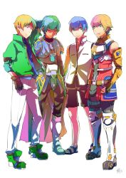 Rule 34 | 4boys, armor, blonde hair, blue hair, boots, claude kenni, crossover, edge maverick, fayt leingod, full body, happy, knee boots, male focus, multiple boys, roddick farrence, simple background, so3fans, star ocean, star ocean first departure, star ocean the last hope, star ocean the second story, star ocean till the end of time, white background