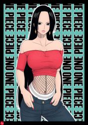 Rule 34 | 1girl, black hair, blue eyes, boa hancock, breasts, chris re5, denim, earrings, hands in pockets, jewelry, large breasts, long hair, nail polish, navel, one piece, red nails, solo, stomach