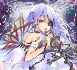 Rule 34 | 1girl, bandages, bandaged arm, bug, butterfly, chain, eyepatch, highres, holding, bug, keepout, long hair, looking at viewer, microphone stand, open mouth, original, purple eyes, silver hair, solo, soramu, wind