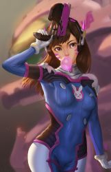 Rule 34 | 1girl, athenawyrm, brown eyes, brown hair, blowing bubbles, chewing gum, covered navel, d.va (overwatch), facial mark, gun, headphones, highres, long hair, mecha, meka (overwatch), overwatch, overwatch 1, pilot suit, robot, skin tight, solo, weapon, whisker markings