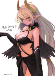 Rule 34 | 1girl, bare shoulders, black bra, black collar, black gloves, black skirt, black wings, blonde hair, bra, breasts, character request, collar, cowboy shot, dungeon and fighter, from side, front slit, gloves, green eyes, highres, horns, hwaryeok, large breasts, long hair, looking at viewer, navel, open clothes, open skirt, parted lips, skirt, solo, underwear, very long ears, very long hair, white background, wings