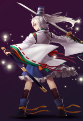Rule 34 | 1girl, black legwear, blue footwear, blue skirt, bridal gauntlets, frilled skirt, frills, from behind, full body, glowing, grey eyes, grey hair, hat, holding, holding sheath, holding sword, holding weapon, japanese clothes, kariginu, langlang, layered clothes, legs apart, long hair, looking at viewer, looking back, mononobe no futo, outstretched arms, ponytail, red ribbon, ribbon, ribbon-trimmed sleeves, ribbon trim, sheath, shoes, simple background, skirt, solo, spread arms, standing, sword, tate eboshi, touhou, unsheathed, weapon, wide sleeves, wind, yellow ribbon