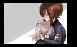 2girls adachi_(nogami_nono) blue_eyes brown_eyes brown_hair collared_shirt crying crying_with_eyes_open girls_und_panzer grey_hair grey_shirt hug itsumi_erika kuromorimine_school_uniform multiple_girls nishizumi_maho school_uniform shirt tears