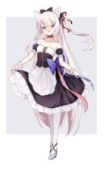Rule 34 | 1girl, absurdres, angry, animal ears, apron, azur lane, bare shoulders, black dress, blue eyes, blush, breasts, cat ears, cat girl, detached sleeves, dress, frilled apron, frilled dress, frills, full body, hairband, hammann (azur lane), highres, lolita hairband, long hair, looking at viewer, pantyhose, retrofit (azur lane), skirt hold, small breasts, solo, very long hair, waist apron, white apron, white hair, white pantyhose, ye zhaolan