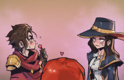 Rule 34 | 1boy, 2girls, black headwear, breasts, brown hair, candy, food, genderswap, genderswap (ftm), genderswap (mtf), graves (league of legends), hat, heart, holding, holding candy, holding food, holding lollipop, league of legends, lollipop, long hair, long sleeves, medium breasts, miss fortune (league of legends), multicolored background, multiple girls, phantom ix row, red hair, red scarf, scarf, shiny clothes, twisted fate, upper body, wavy mouth, witch hat