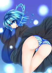 Rule 34 | 1boy, absurdres, ass, bent over, blue eyes, blue hair, clothes lift, crossdressing, doubt (seiga28323777), dress, from behind, highres, leaning, leaning forward, long sleeves, looking at viewer, male focus, matching hair/eyes, original, panties, shiny skin, short hair, skirt, skirt lift, solo, striped clothes, striped panties, trap, underwear, upskirt
