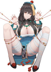 Rule 34 | 1girl, absurdres, aether gazer, babing2023, bandaged leg, bandages, black footwear, black hair, breast curtain, breasts, chest sarashi, cleavage, coin, coin on string, detached sleeves, dress, hat, highres, jewelry, jiangshi costume, large breasts, lingguang (aether gazer), looking at viewer, nail polish, ofuda, ofuda on head, orange eyes, pelvic curtain, sarashi, smile, solo, spread legs, tassel