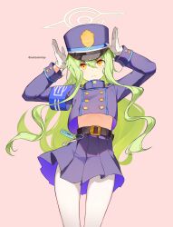 Rule 34 | ark john up, blue archive, gloves, green hair, green halo, halo, hat, highres, hikari (blue archive), long hair, long sleeves, pantyhose, peaked cap, pointy ears, white gloves, white pantyhose, yellow eyes