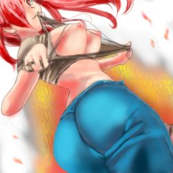 1girl ass breasts creatures_(company) female_focus flannery_(pokemon) game_freak gym_leader long_hair lowres nintendo nipples otsukare pokemon red_eyes red_hair solo torn_clothes