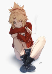 Rule 34 | 1girl, absurdres, artist name, bee doushi, belt, black footwear, blonde hair, blush, boots, braid, commentary request, denim, denim shorts, fate/grand order, fate (series), green eyes, highres, holding, jacket, long hair, long sleeves, looking at viewer, mordred (fate), mordred (fate/apocrypha), mordred (memories at trifas) (fate), one eye closed, ponytail, red jacket, short shorts, shorts, simple background, sitting, smile, solo, teeth, white background