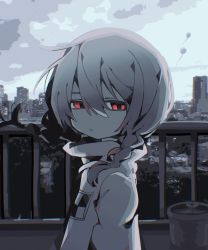 Rule 34 | 1girl, braid, brown hair, cityscape, closed mouth, expressionless, eyebrows hidden by hair, hair between eyes, highres, long sleeves, madotsuki, outdoors, red eyes, side braid, skyline, solo, soresaki, sweater, turtleneck, turtleneck sweater, upper body, yume nikki