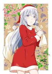 Rule 34 | 1girl, 2022, artist name, blue eyes, christmas, commentary, cowboy shot, dated, dog tags, dress, english text, fur-trimmed dress, fur-trimmed headwear, fur trim, grey hair, hat, hibiki (kancolle), highres, holding, holding sack, kantai collection, long hair, long sleeves, merry christmas, over shoulder, parted lips, red dress, sack, santa dress, santa hat, signature, solo, standing, yua (checkmate)
