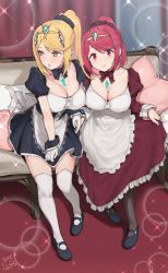 Rule 34 | 2girls, alternate costume, apron, black legwear, blonde hair, blush, breasts, choker, cleavage, earrings, embarrassed, enmaided, full body, gem, gloves, hair ornament, hair scrunchie, hairband, headpiece, holding hands, indoors, jewelry, juliet sleeves, large breasts, long skirt, long sleeves, looking away, maid, mary janes, multiple girls, mythra (xenoblade), nintendo, ponytail, puffy sleeves, pyra (xenoblade), red eyes, red hair, ribbon choker, rkrk, scrunchie, shoes, sitting, skirt, skirt tug, smile, sparkle, thighhighs, tiara, white gloves, white legwear, wrist cuffs, xenoblade chronicles (series), xenoblade chronicles 2, yellow eyes