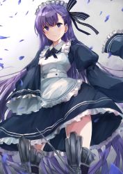 Rule 34 | 1girl, alternate costume, apron, armor, armored boots, black dress, blue eyes, blue ribbon, boots, breasts, closed mouth, dress, enmaided, fate/extra, fate/extra ccc, fate (series), greaves, highres, long hair, long sleeves, looking at viewer, maid, maid headdress, meltryllis (fate), prosthesis, prosthetic leg, purple hair, ribbon, sleeves past fingers, sleeves past wrists, small breasts, torottye, very long hair, waist apron, white apron