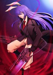 Rule 34 | 1girl, absurdres, animal ears, black footwear, black jacket, blazer, blouse, closed mouth, collared shirt, commentary, english commentary, gun, highres, holding, holding gun, holding weapon, jacket, long hair, looking at viewer, necktie, pants, pink pants, purple hair, rabbit ears, red eyes, red necktie, reisen udongein inaba, shirt, solo, standing, touhou, weapon, weedhollow (dokuran), white shirt