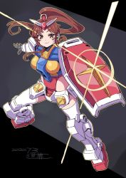 Rule 34 | 1girl, breasts, brown eyes, brown hair, covered erect nipples, dated, floating hair, gundam, highres, holding, holding shield, long hair, mecha musume, medium breasts, michi kuso, mobile suit gundam, open hand, personification, ponytail, ready player one, rx-78-2, shield, solo, thighhighs