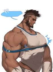 1boy, ??, alternate costume, bandaid, bandaid on cheek, bara, bare shoulders, beard, black hair, chest harness, covered abs, covered erect nipples, covered navel, cyphers, damian doyle (cyphers), dark skin, dark skinned male, facial hair, from side, gomtang, harness, large pectorals, male focus, mature male, mohawk, muscular, muscular male, pectoral press, profile, shirt, short hair, sidepec, solo, tank top, tight, tight shirt, upper body, white tank top