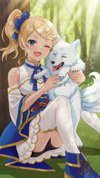 Rule 34 | 1girl, ;d, animal, bare shoulders, bike shorts, black shorts, blonde hair, blue eyes, blue footwear, commentary request, copyright request, day, detached sleeves, fang, forest, frilled skirt, frills, hair ornament, hairclip, highres, holding, holding animal, knees up, kurono kito, long sleeves, nature, official art, one eye closed, open mouth, outdoors, shirt, shoes, short shorts, shorts, shorts under skirt, side ponytail, sitting, skirt, sleeveless, sleeveless shirt, smile, solo, thighhighs, tree, white shirt, white skirt, white sleeves, white thighhighs, wide sleeves, x hair ornament