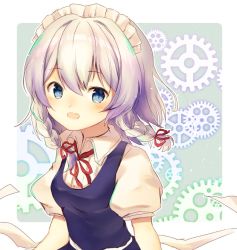 Rule 34 | 1girl, blue eyes, blue skirt, blue vest, border, braid, breasts, commentary request, fang, gears, grey background, hair between eyes, hair ribbon, izayoi sakuya, looking at viewer, maid, maid headdress, neck ribbon, nenobi (nenorium), open mouth, outside border, puffy short sleeves, puffy sleeves, red ribbon, ribbon, shirt, short hair, short sleeves, silver hair, skin fang, skirt, skirt set, small breasts, solo, touhou, twin braids, upper body, vest, white border, white shirt, wing collar