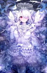 1girl absurdres angel breasts bug butterfly dress frilled_dress frills grey_hair highres insect large_breasts long_hair looking_at_viewer open_mouth original pink_eyes solo tiara w_(w64851564) white_hair