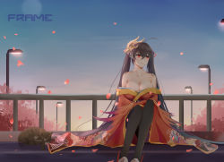 Rule 34 | 1girl, artist name, azur lane, black hair, black legwear, blue sky, breasts, bridge, cat, cleavage, floral print, highres, huge breasts, japanese clothes, kimono, lamppost, long hair, looking to the side, mask, mask on head, off shoulder, outdoors, petals, po-ou. frame, red eyes, red kimono, red ribbon, ribbon, scenery, sitting, sky, solo, sunset, taihou (azur lane), twintails, very long hair