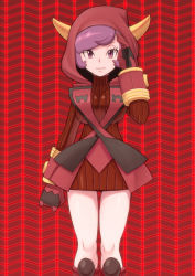 Rule 34 | 1girl, arm at side, boots, breasts, brown dress, closed mouth, commentary request, courtney (pokemon), creatures (company), dress, eyelashes, fake horns, game freak, gloves, hand up, hood, hood up, horns, knees, looking at viewer, nintendo, pokemon, pokemon oras, purple eyes, purple hair, red footwear, red gloves, ribbed dress, ryuntack, short dress, short hair, solo, sweater, sweater dress, team magma, team magma uniform