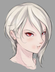 Rule 34 | 10s, 1girl, :t, absurdres, grey background, hair between eyes, highres, lips, looking at viewer, nakiri alice, portrait, pout, ray0sunshine, red eyes, shokugeki no souma, short hair, simple background, solo, twitter username, white hair