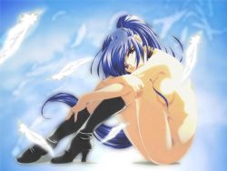 Rule 34 | 00s, 1girl, blue eyes, blue hair, boots, breasts, brown eyes, feathers, hayase mitsuki, high heel boots, high heels, kimi ga nozomu eien, large breasts, long hair, matching hair/eyes, nude, ponytail, shoes, solo, wallpaper