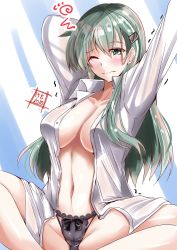 Rule 34 | 1girl, absurdres, aqua eyes, aqua hair, black panties, breasts, commentary request, dress shirt, hair ornament, hairclip, highres, indian style, kantai collection, kentan (kingtaiki), lace, lace panties, large breasts, long hair, no bra, one-hour drawing challenge, one eye closed, open clothes, open shirt, panties, shirt, sitting, solo, stretching, suzuya (kancolle), underwear, white shirt