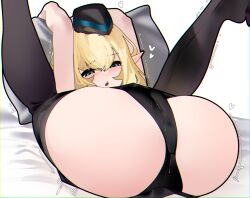 Rule 34 | 1girl, absurdres, arknights, arms up, ass, black hat, black panties, black skirt, black thighhighs, blonde hair, blue eyes, cameltoe, durin (arknights), folded, hair between eyes, hat, heart, highres, legs up, lying, naxius noxy, on back, open mouth, panties, pillow, pointy ears, skirt, solo, thighhighs, thighs, trembling, underwear