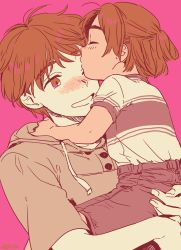 Rule 34 | 10s, 2boys, age difference, aged down, blush, brown eyes, brown hair, carrying, child, closed eyes, freckles, half updo, hood, hoodie, ji guang-hong, kiss, kissing forehead, leo de la iglesia, limited palette, male focus, multiple boys, one eye closed, shorts, size difference, time paradox, yukataro, yuri!!! on ice