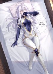 Rule 34 | 1girl, 86 -eightysix-, absurdres, bed, bed sheet, blue eyes, blue gloves, blush, breasts, commission, english text, fingerless gloves, gloves, grey hair, head on pillow, highres, large breasts, long hair, official alternate costume, on bed, pillow, pilot suit, pixiv commission, solo, speech bubble, suprii, vladilena millize, white hair