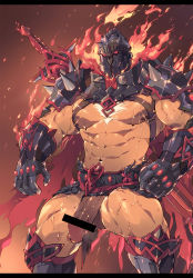 Rule 34 | 1boy, abs, armor, bar censor, bara, beard, body hair, censored, chest hair, chest harness, cowboy shot, embers, erection, facial hair, fire, gauntlets, harness, helmet, highres, large pectorals, large penis, male focus, manly, muscular, navel, nipples, pauldrons, pectorals, penis, red eyes, shoulder armor, solo, surtr (housamo), tengo (maotengo), thick thighs, thighs, tokyo houkago summoners, topless male, upper body, veins, weapon, weapon on back